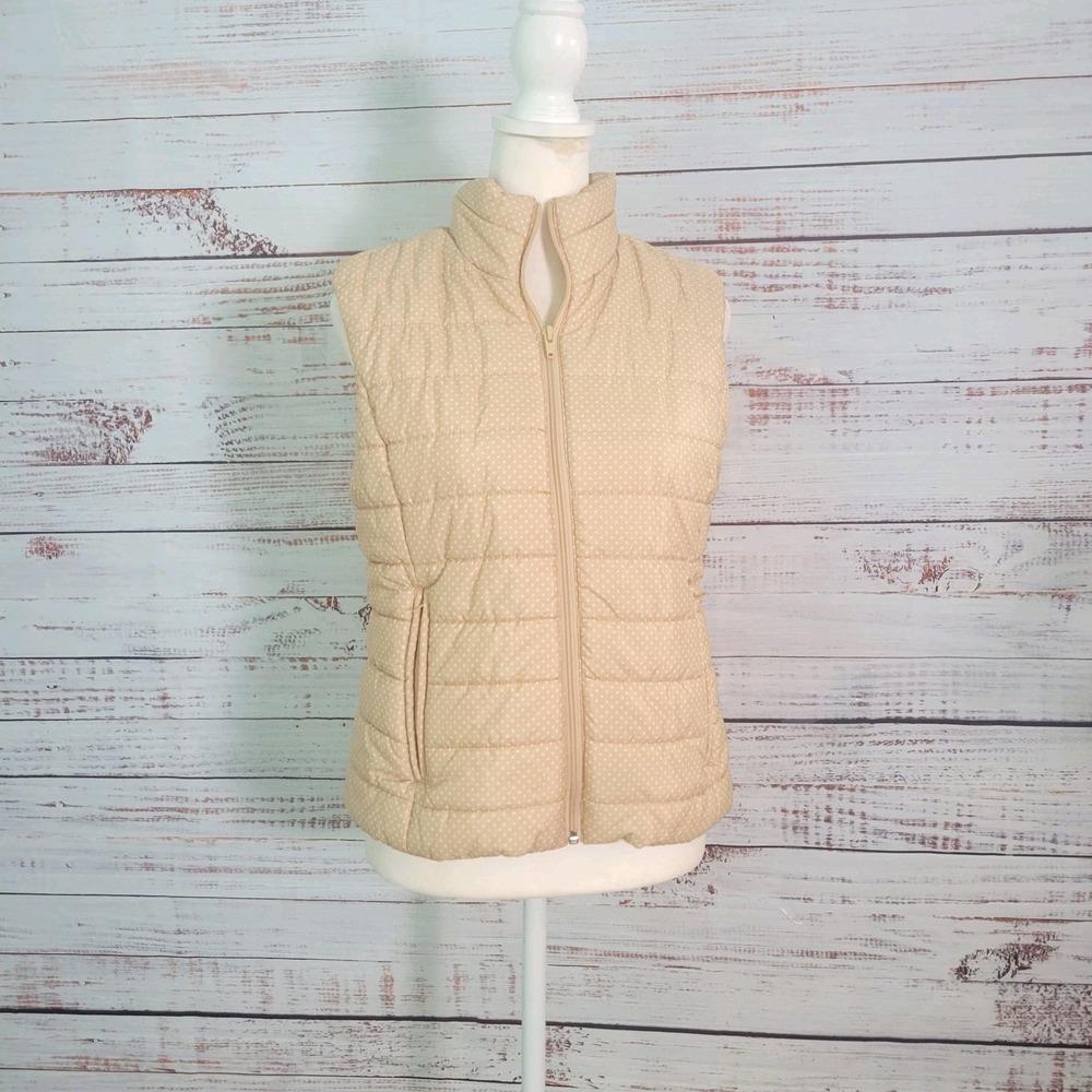 Loft Beige Quilted Puffer Vest  Small EUC Polka Dots